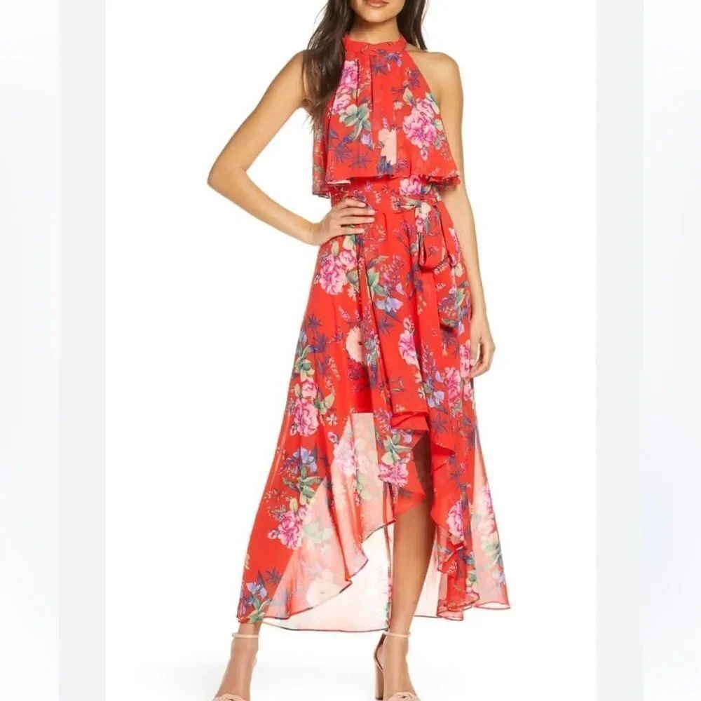 Eliza J Popover Halter High/Low Chiffon Maxi Dress Women’s 14